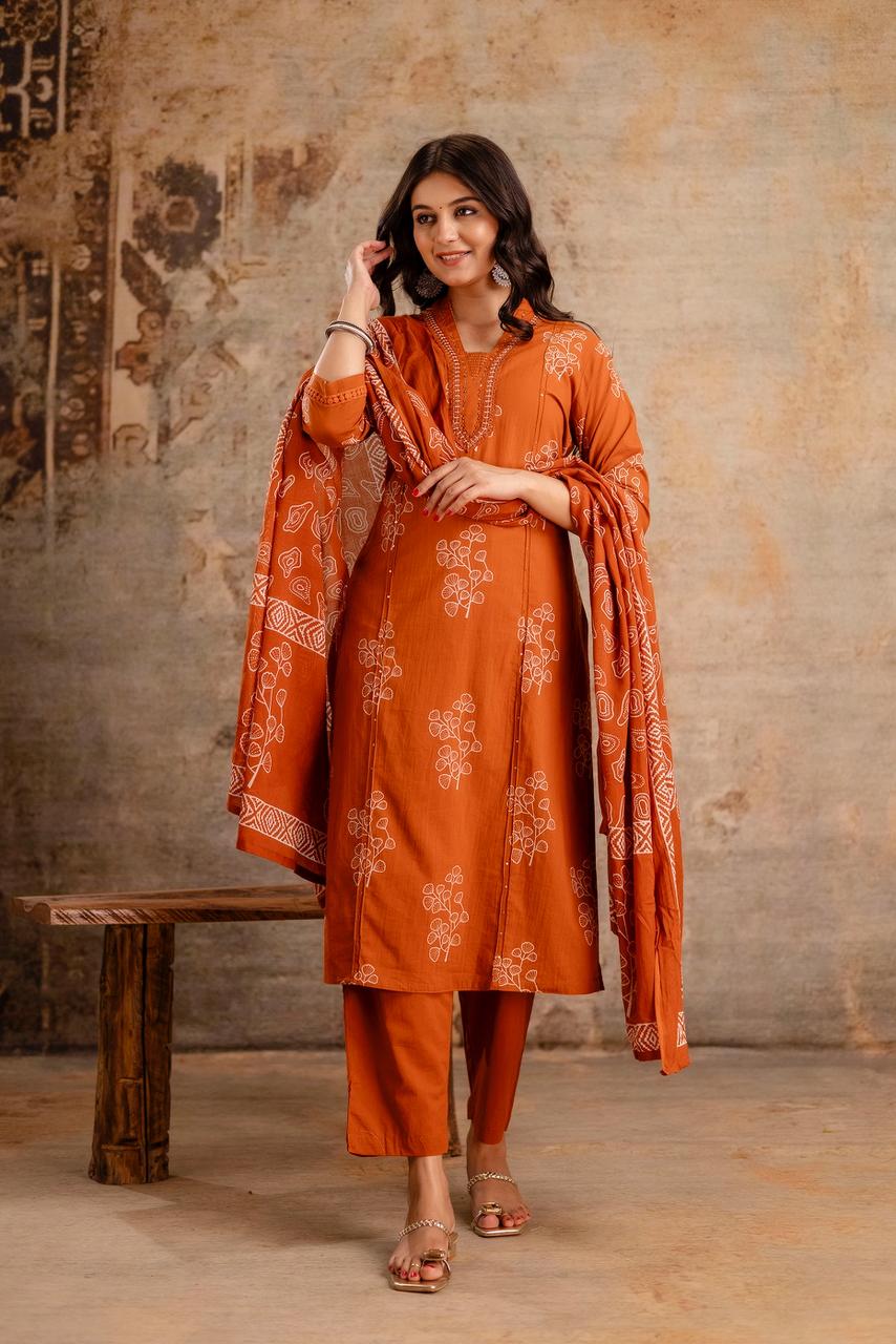 Ruhani Rust Pure Jaipuri Cotton Suit Set