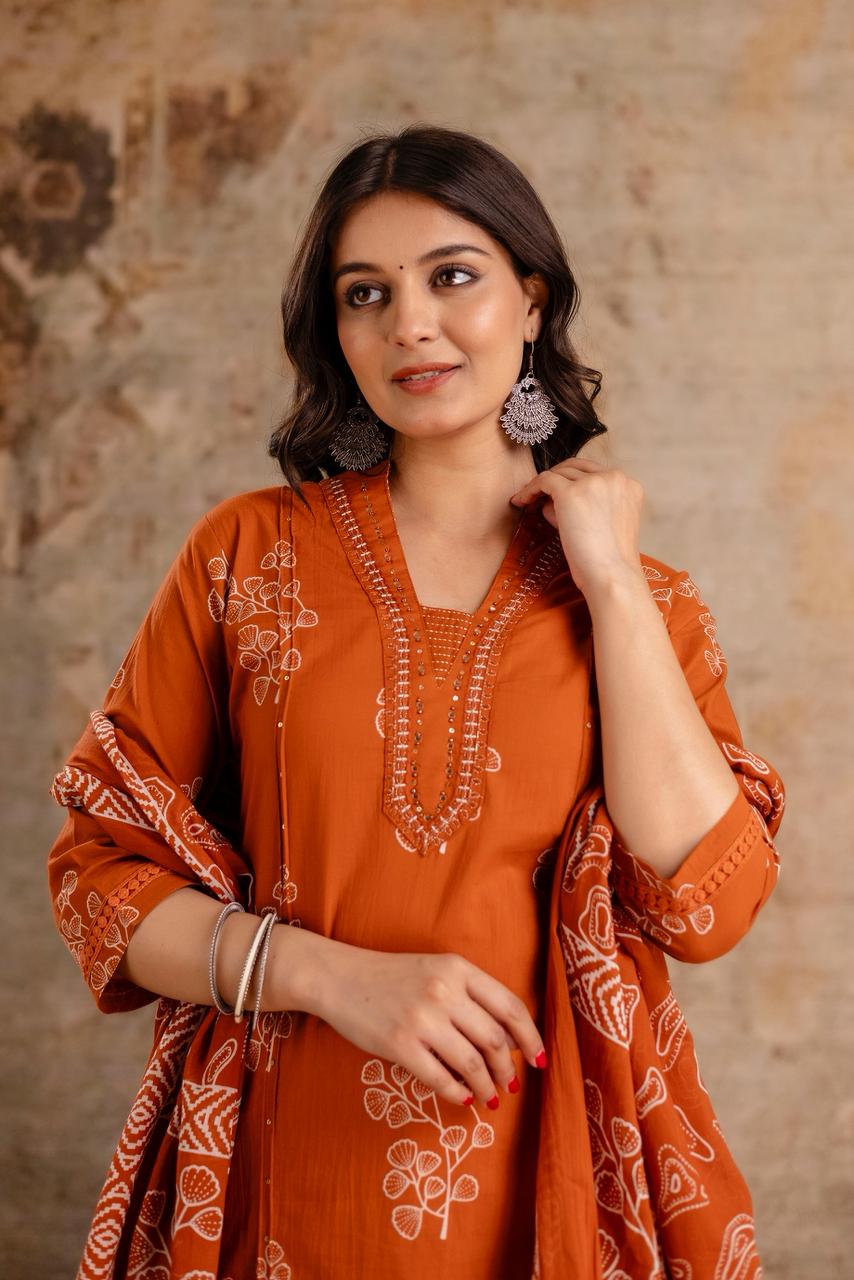 Ruhani Rust Pure Jaipuri Cotton Suit Set