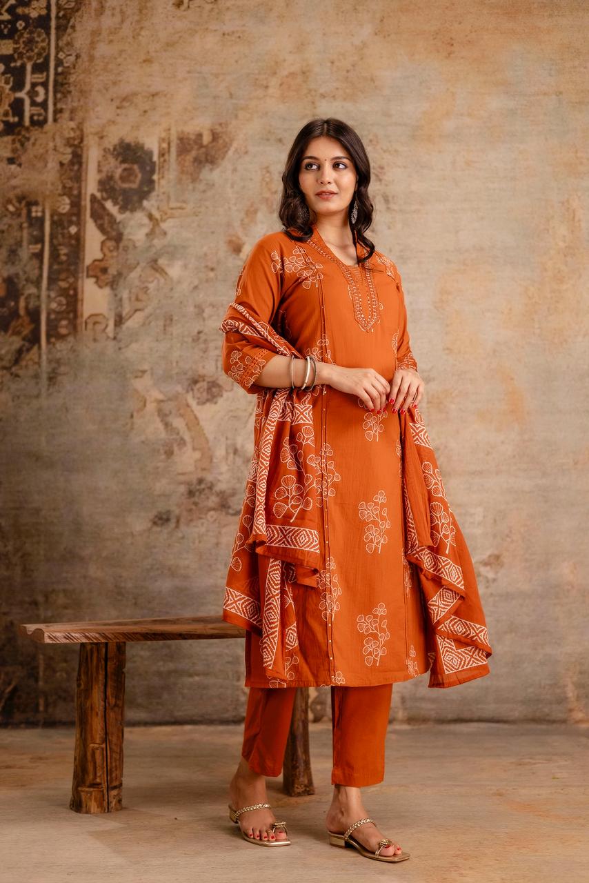 Ruhani Rust Pure Jaipuri Cotton Suit Set