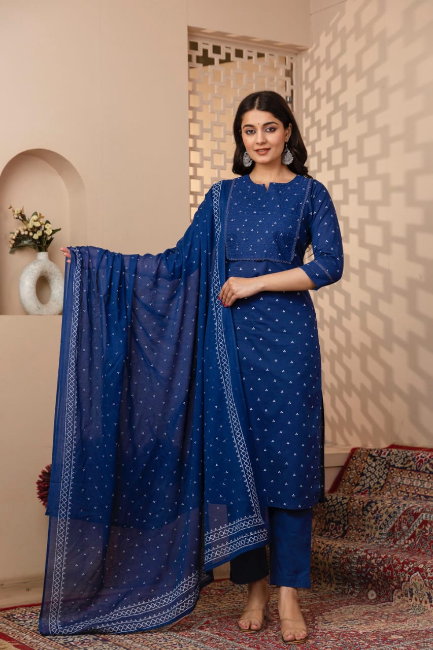 Ruhani Indigo Pure Jaipuri Cotton Suit Set