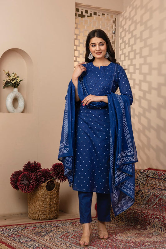 Ruhani Indigo Pure Jaipuri Cotton Suit Set