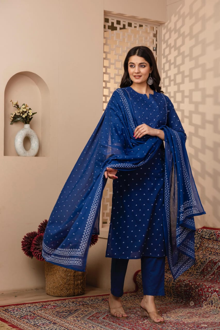 Ruhani Indigo Pure Jaipuri Cotton Suit Set