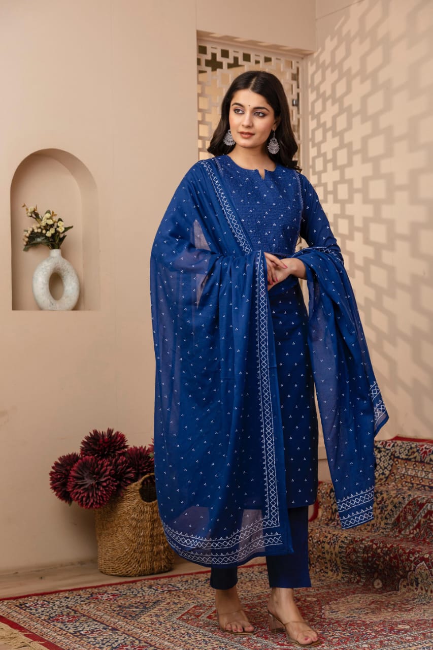 Ruhani Indigo Pure Jaipuri Cotton Suit Set