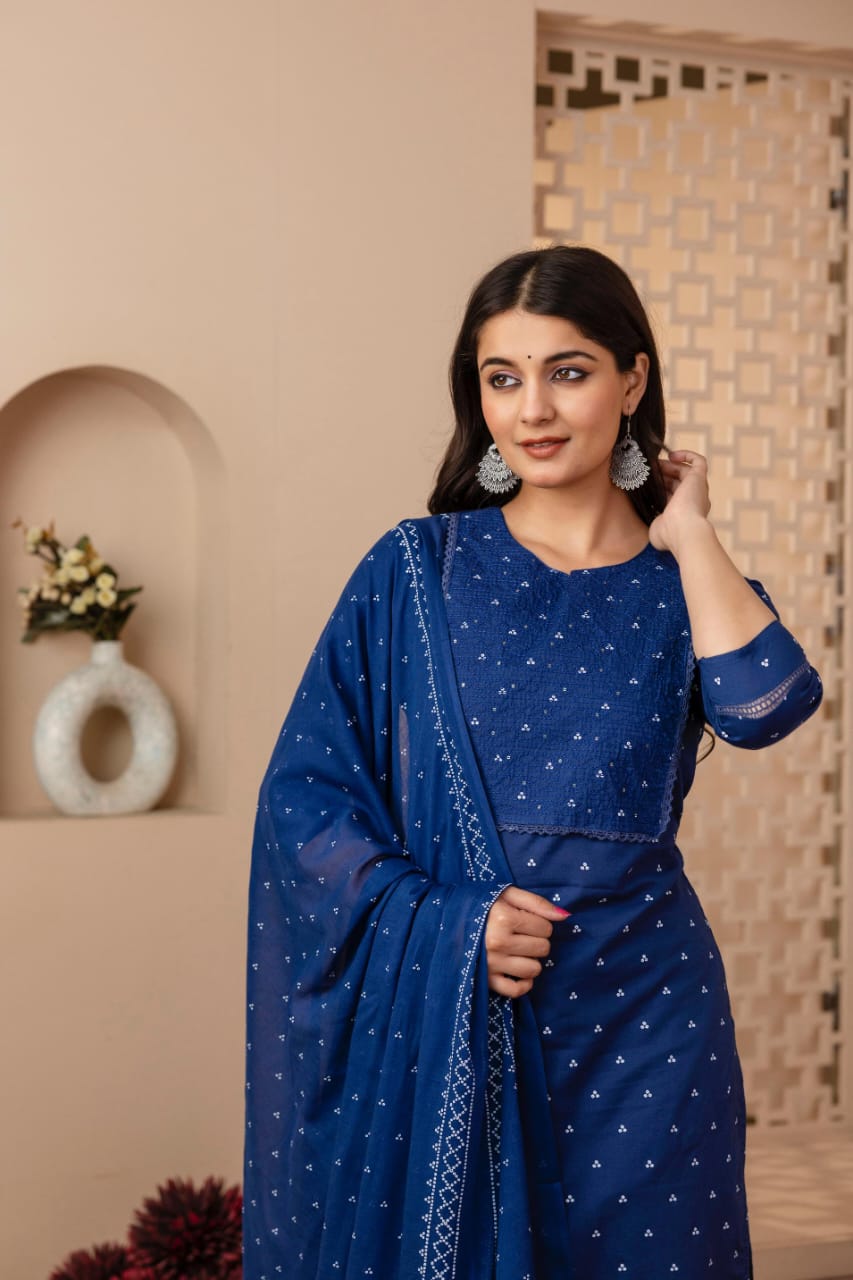Ruhani Indigo Pure Jaipuri Cotton Suit Set