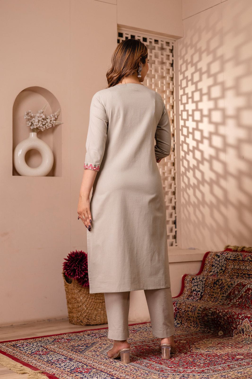 Noorani Beige Pure Jaipuri Cotton Embroidered Suit Set
