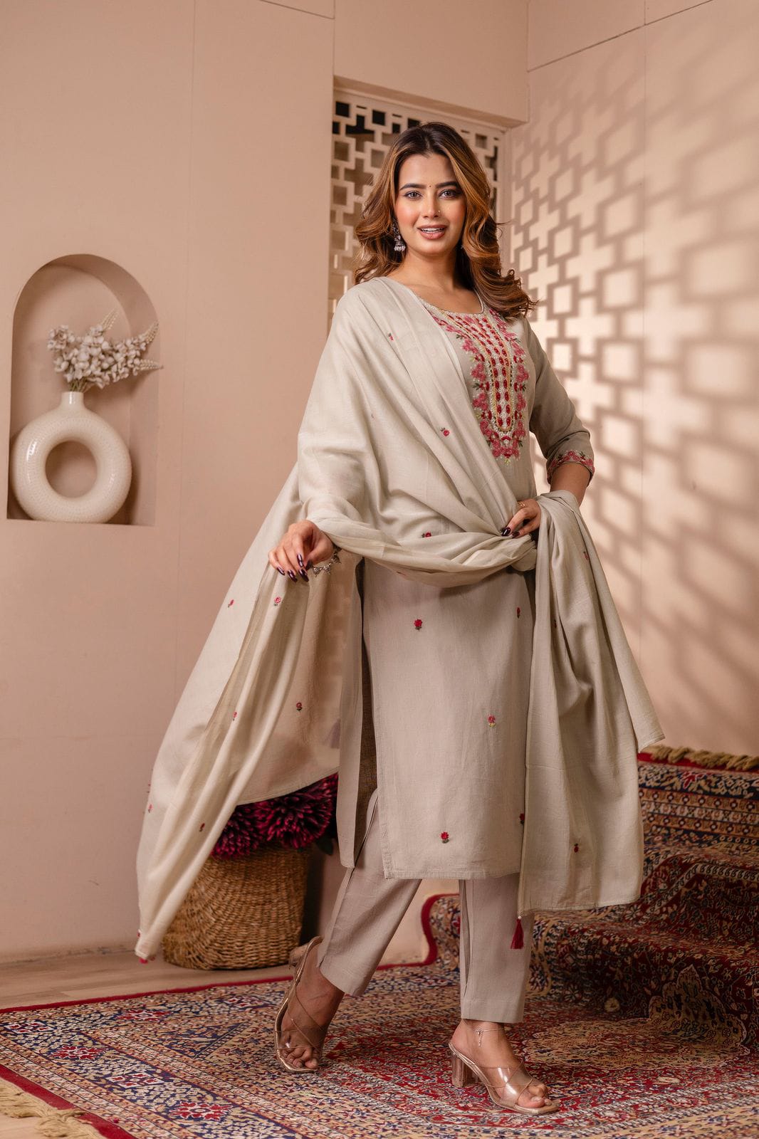 Noorani Beige Pure Jaipuri Cotton Embroidered Suit Set