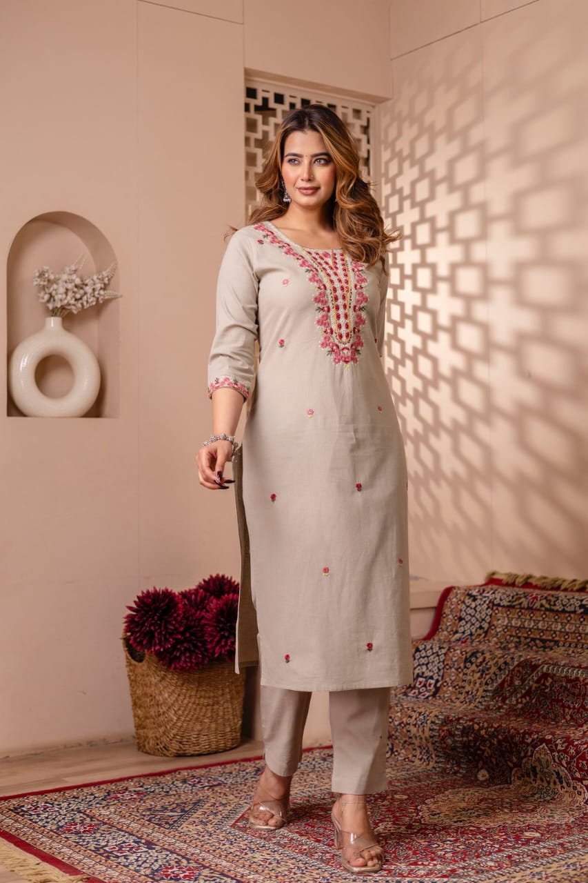 Noorani Beige Pure Jaipuri Cotton Embroidered Suit Set