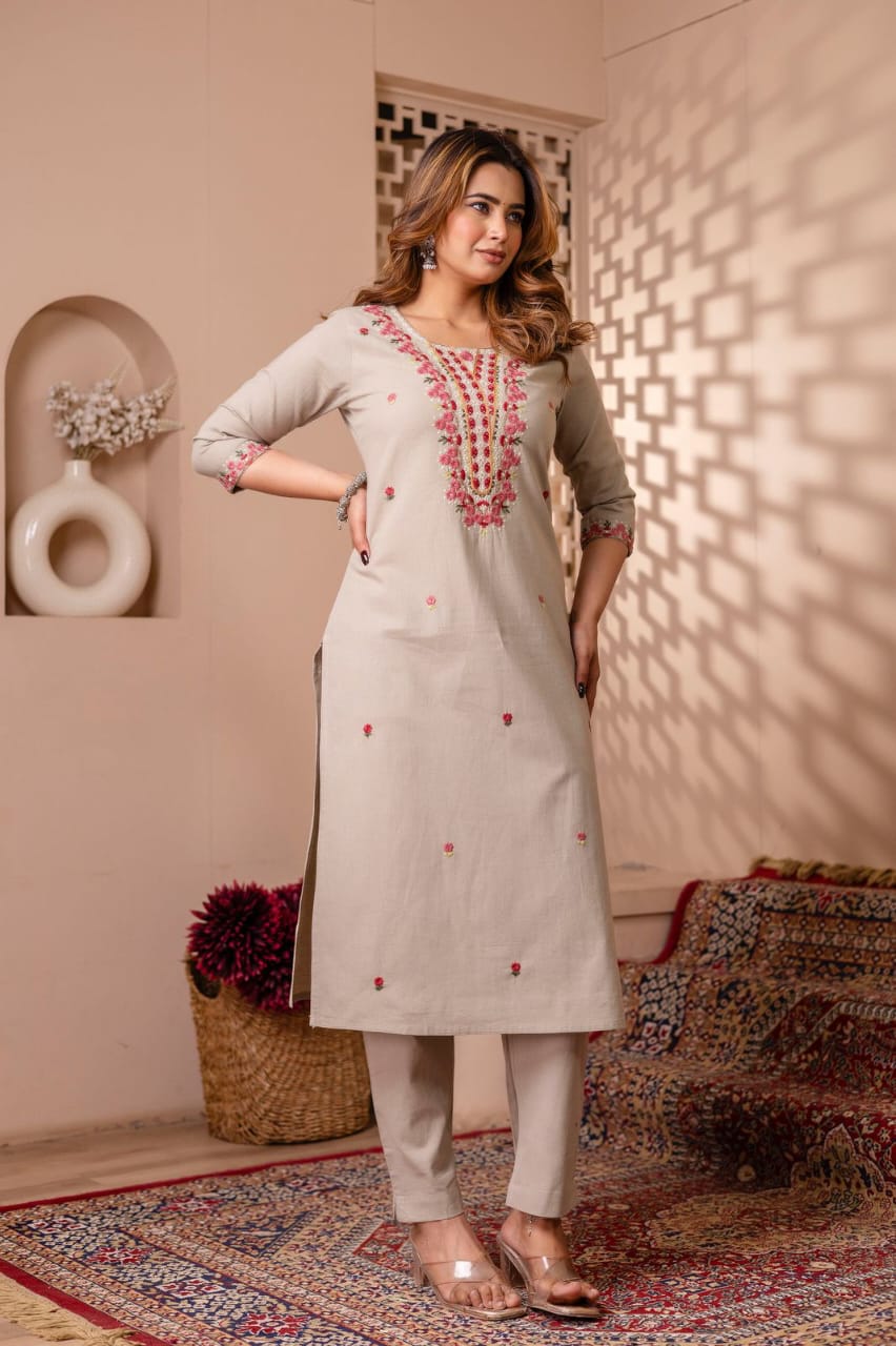 Noorani Beige Pure Jaipuri Cotton Embroidered Suit Set