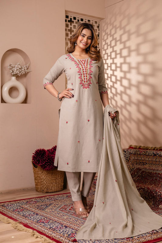 Noorani Beige Pure Jaipuri Cotton Embroidered Suit Set