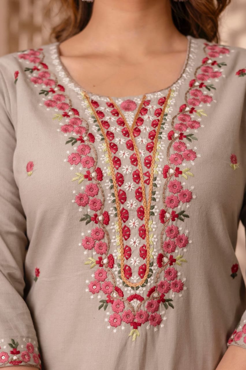 Noorani Beige Pure Jaipuri Cotton Embroidered Suit Set