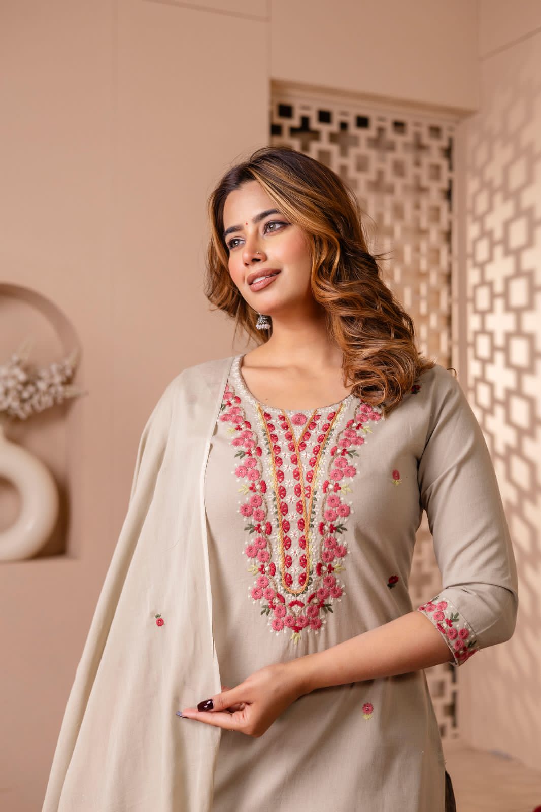 Noorani Beige Pure Jaipuri Cotton Embroidered Suit Set