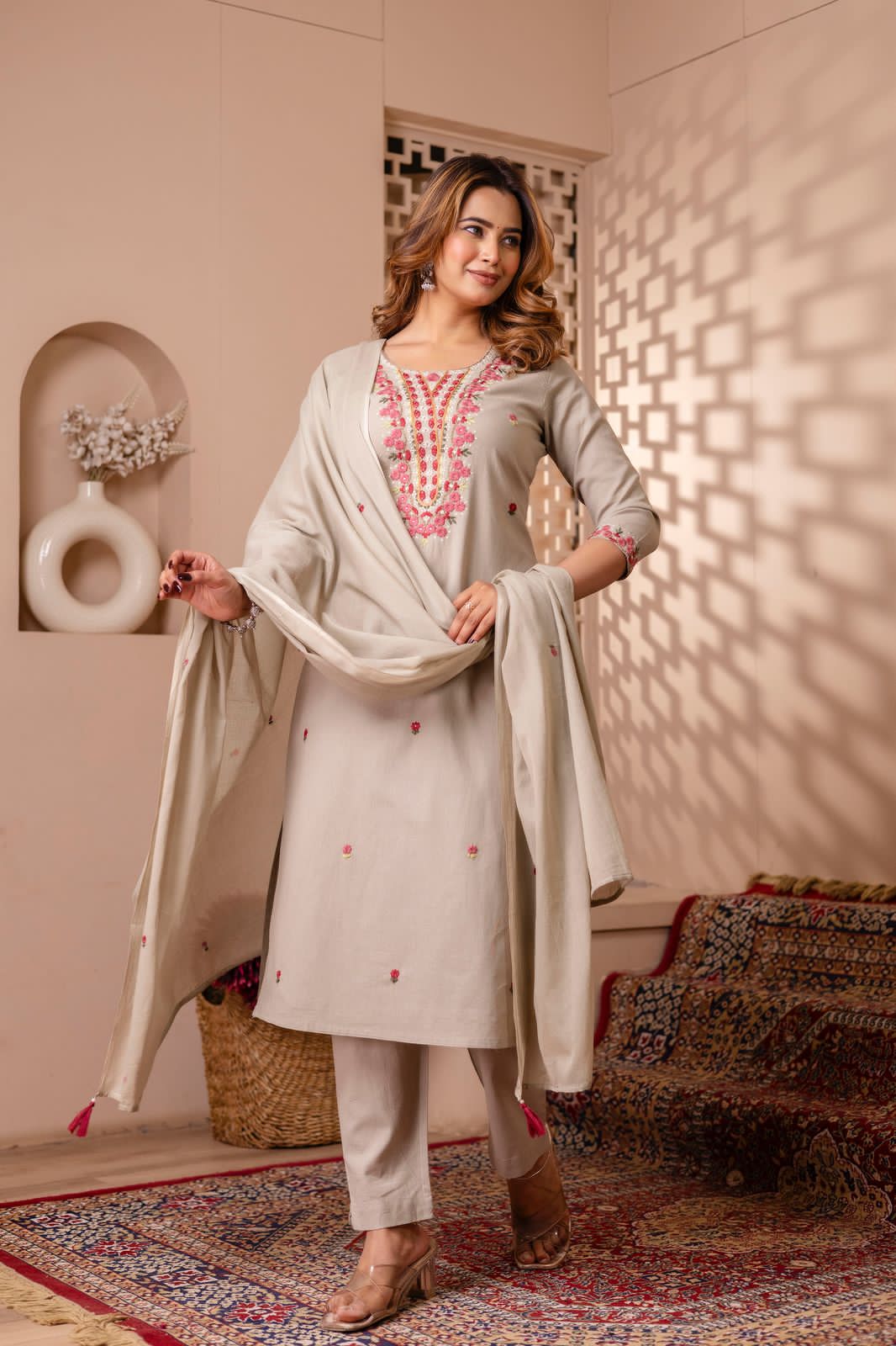 Noorani Beige Pure Jaipuri Cotton Embroidered Suit Set