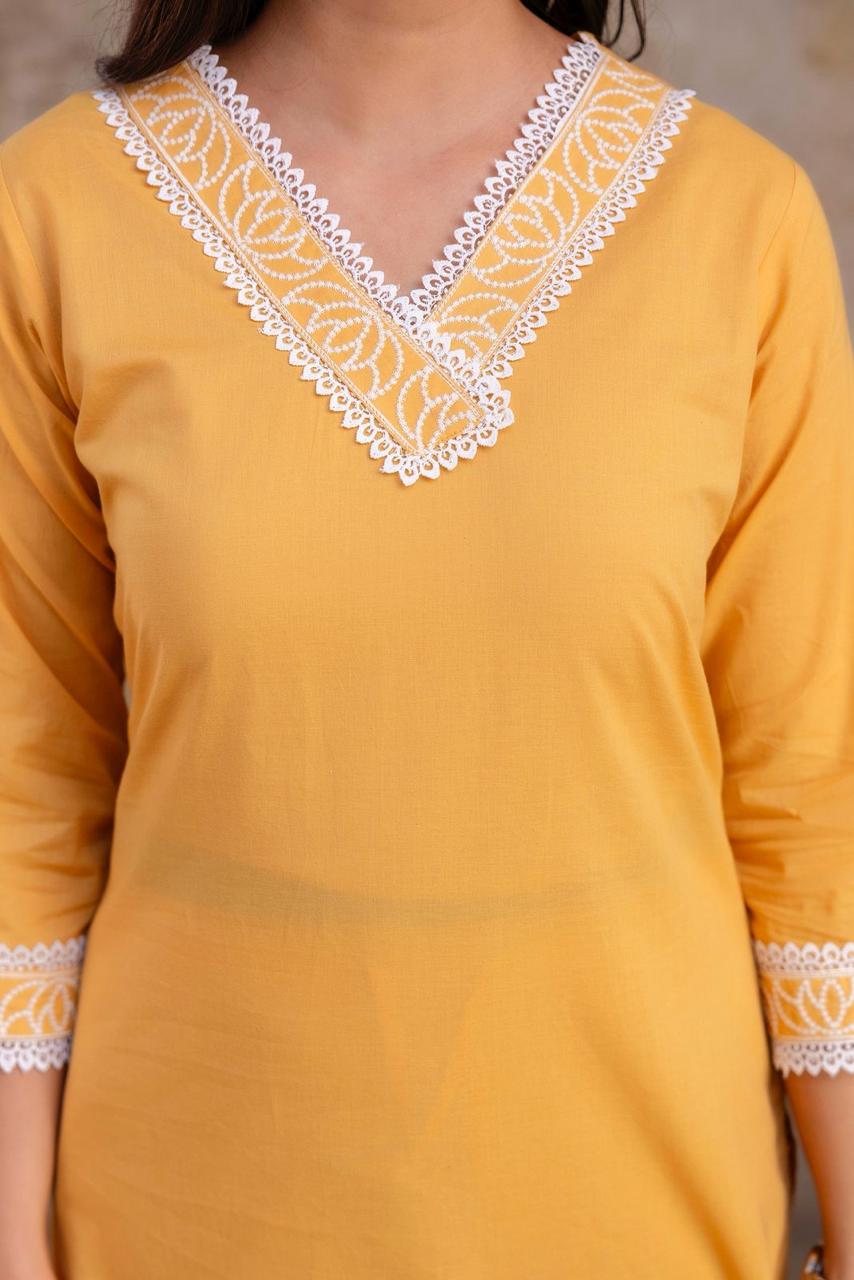 Noorani Sunlit Yellow Pure Jaipuri Cotton Embroidered Suit Set