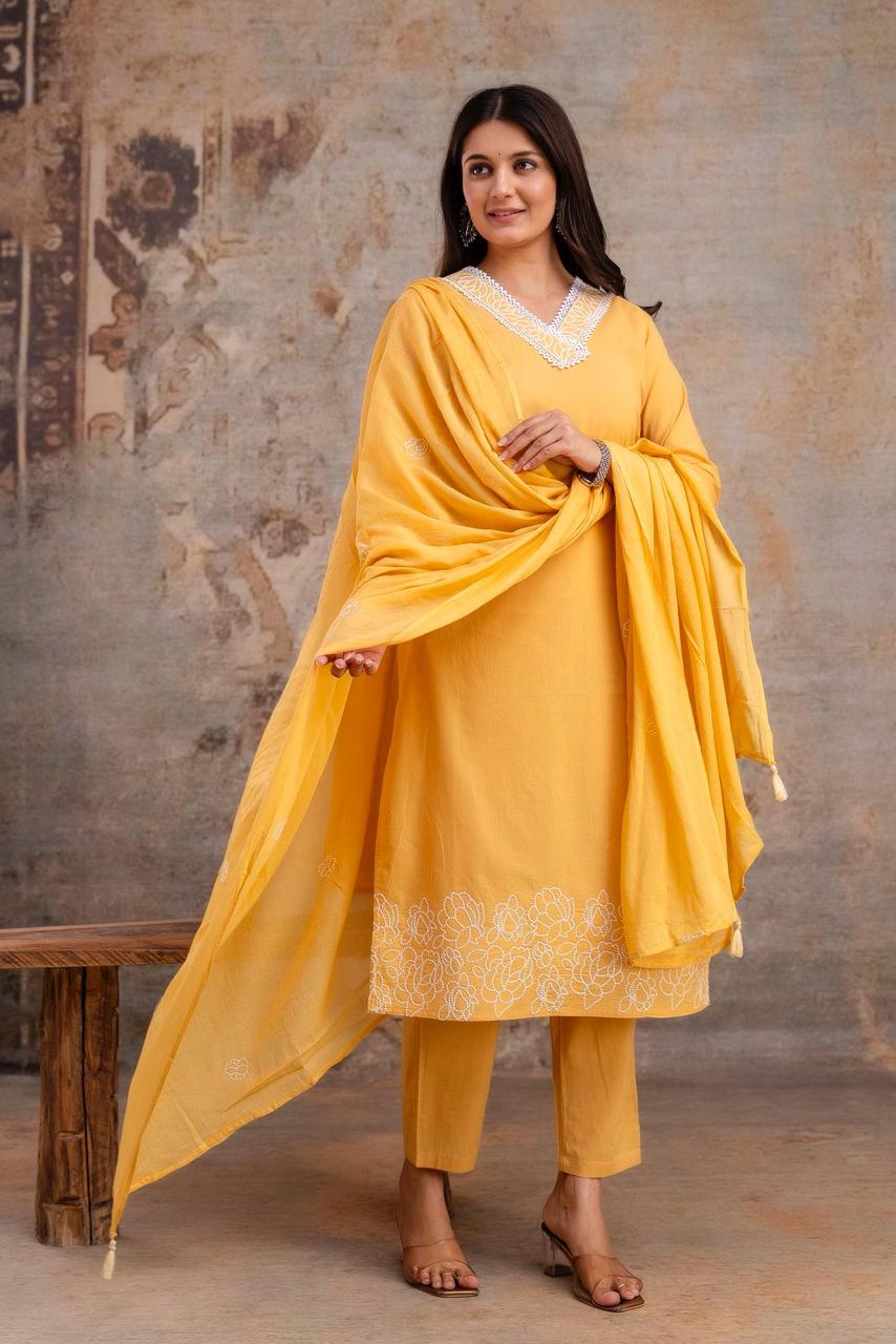 Noorani Sunlit Yellow Pure Jaipuri Cotton Embroidered Suit Set