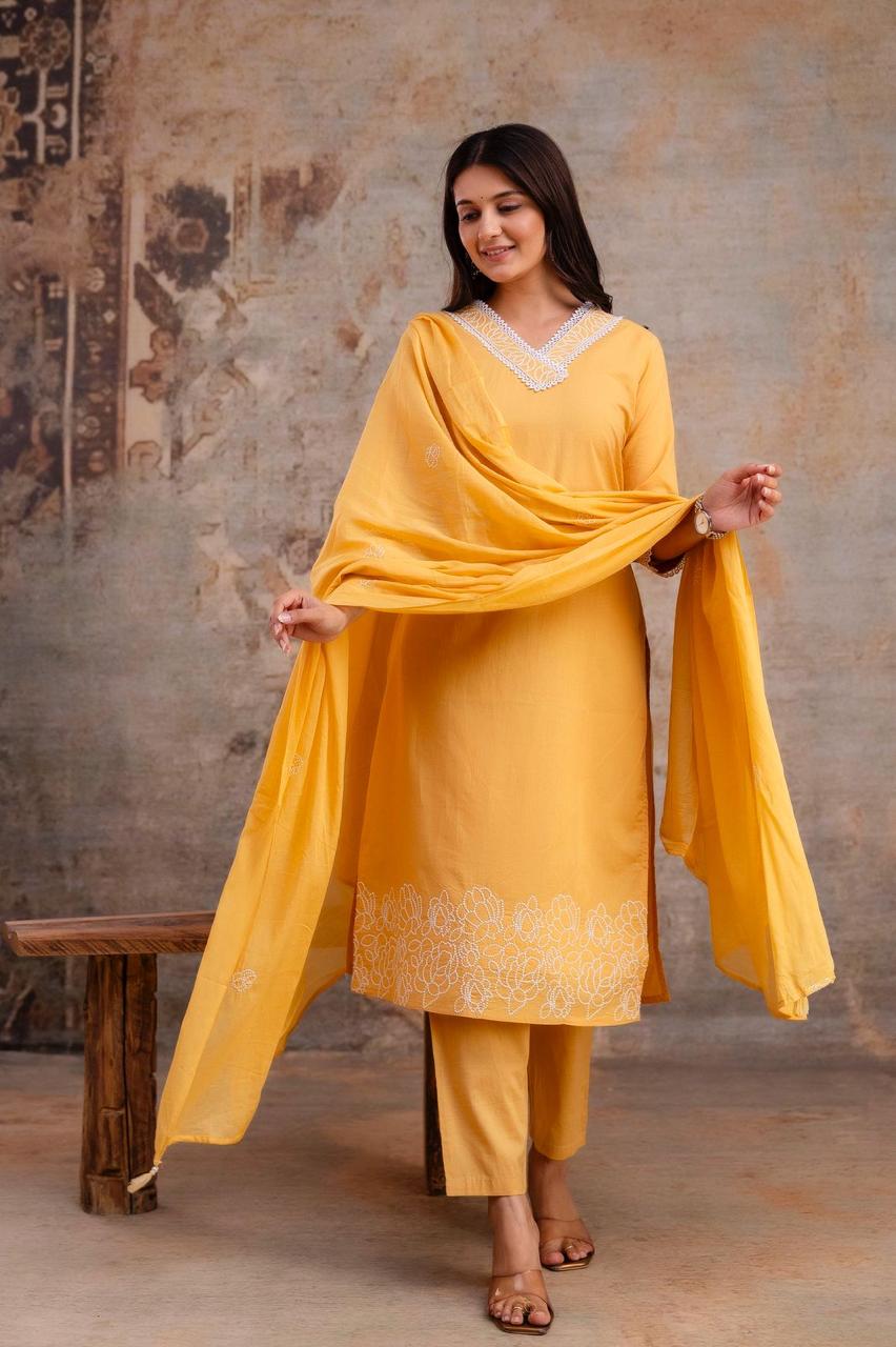 Noorani Sunlit Yellow Pure Jaipuri Cotton Embroidered Suit Set