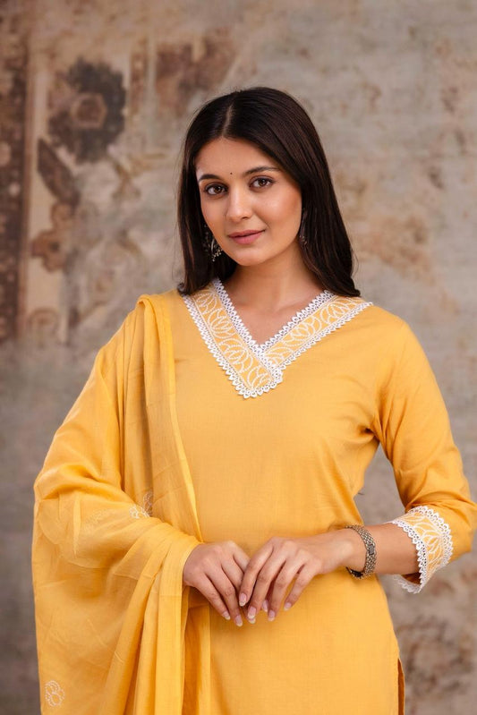 Noorani Sunlit Yellow Pure Jaipuri Cotton Embroidered Suit Set