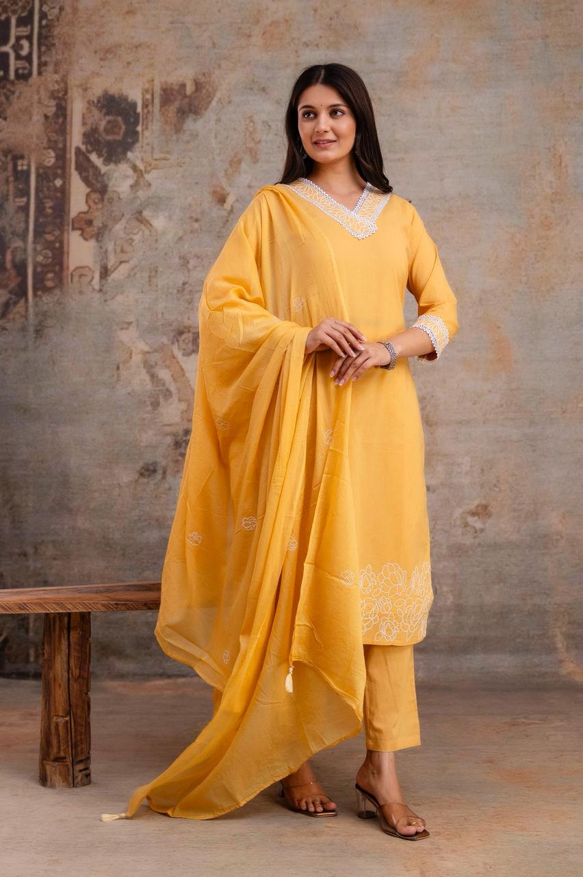 Noorani Sunlit Yellow Pure Jaipuri Cotton Embroidered Suit Set