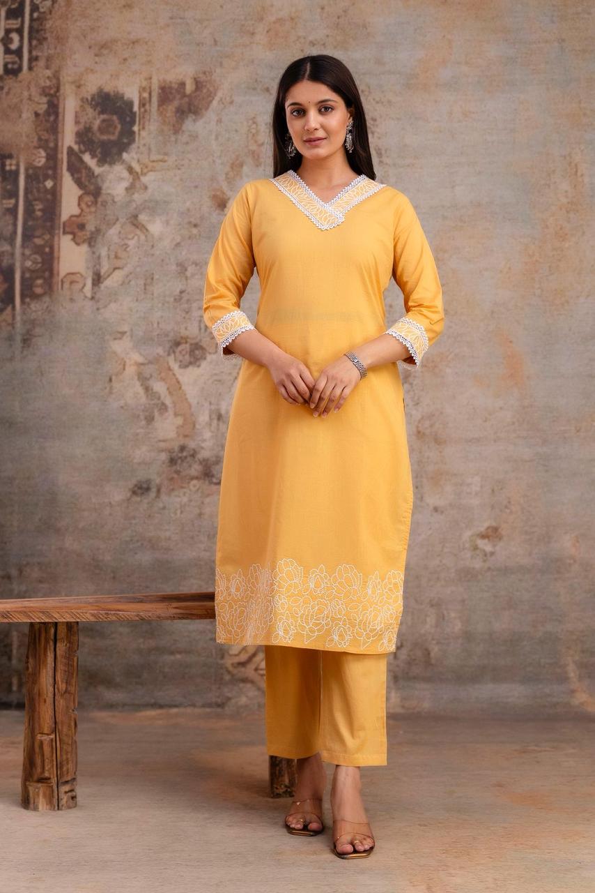 Noorani Sunlit Yellow Pure Jaipuri Cotton Embroidered Suit Set
