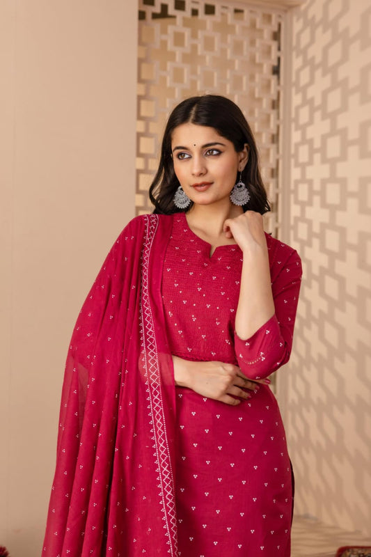 Ruhani Magenta Pure Jaipuri Cotton Embroidered Suit Set