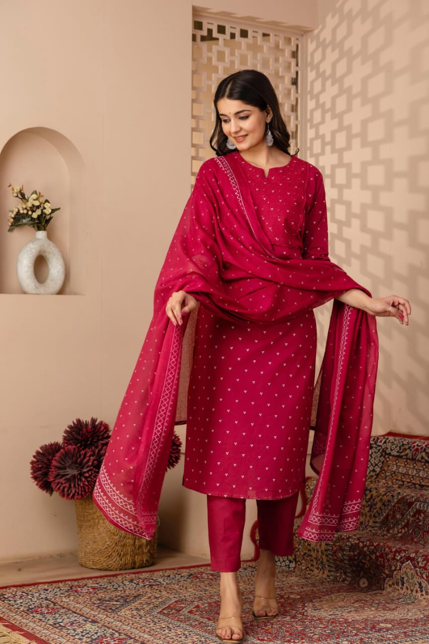 Ruhani Magenta Pure Jaipuri Cotton Embroidered Suit Set