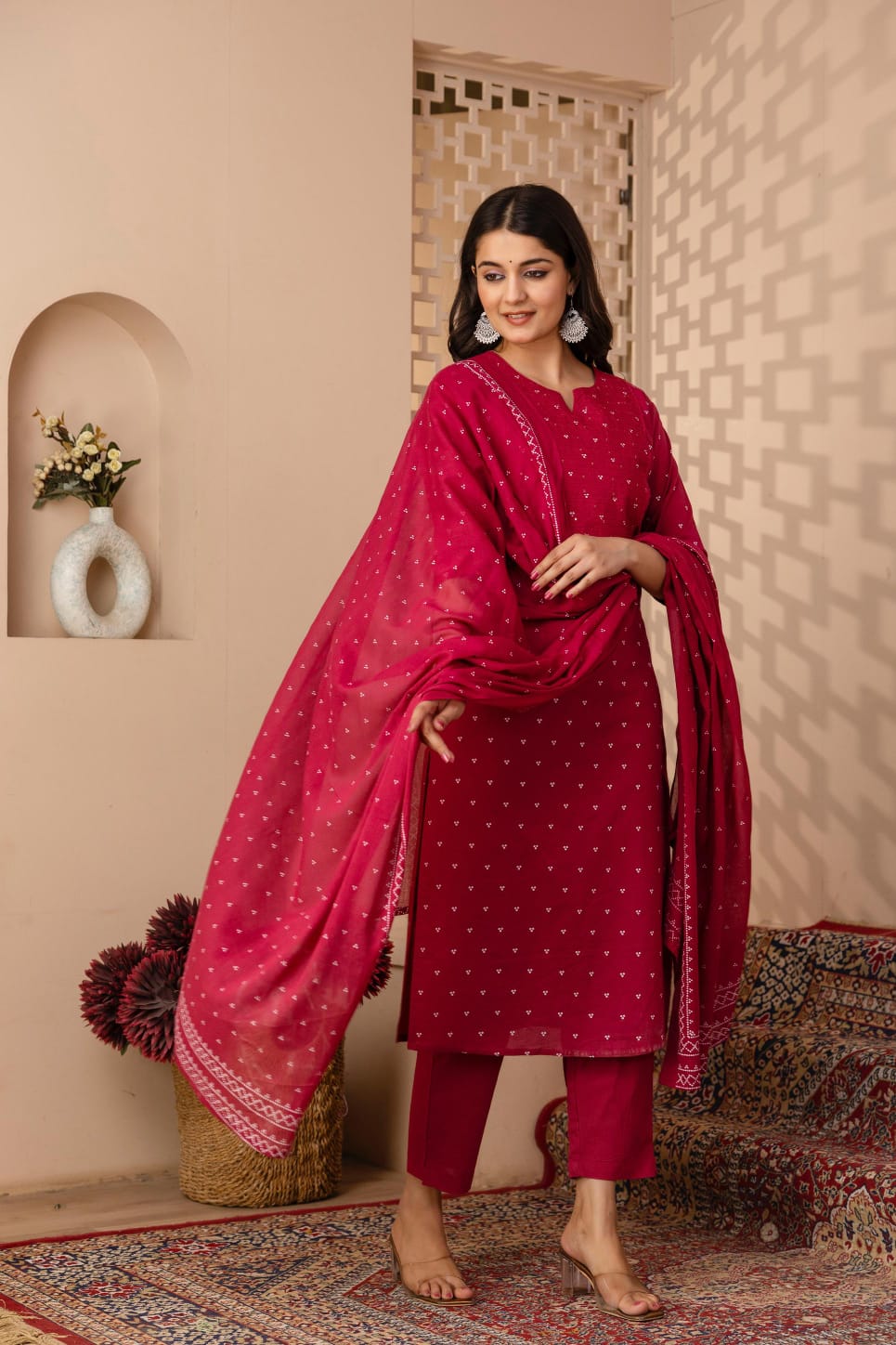 Ruhani Magenta Pure Jaipuri Cotton Embroidered Suit Set