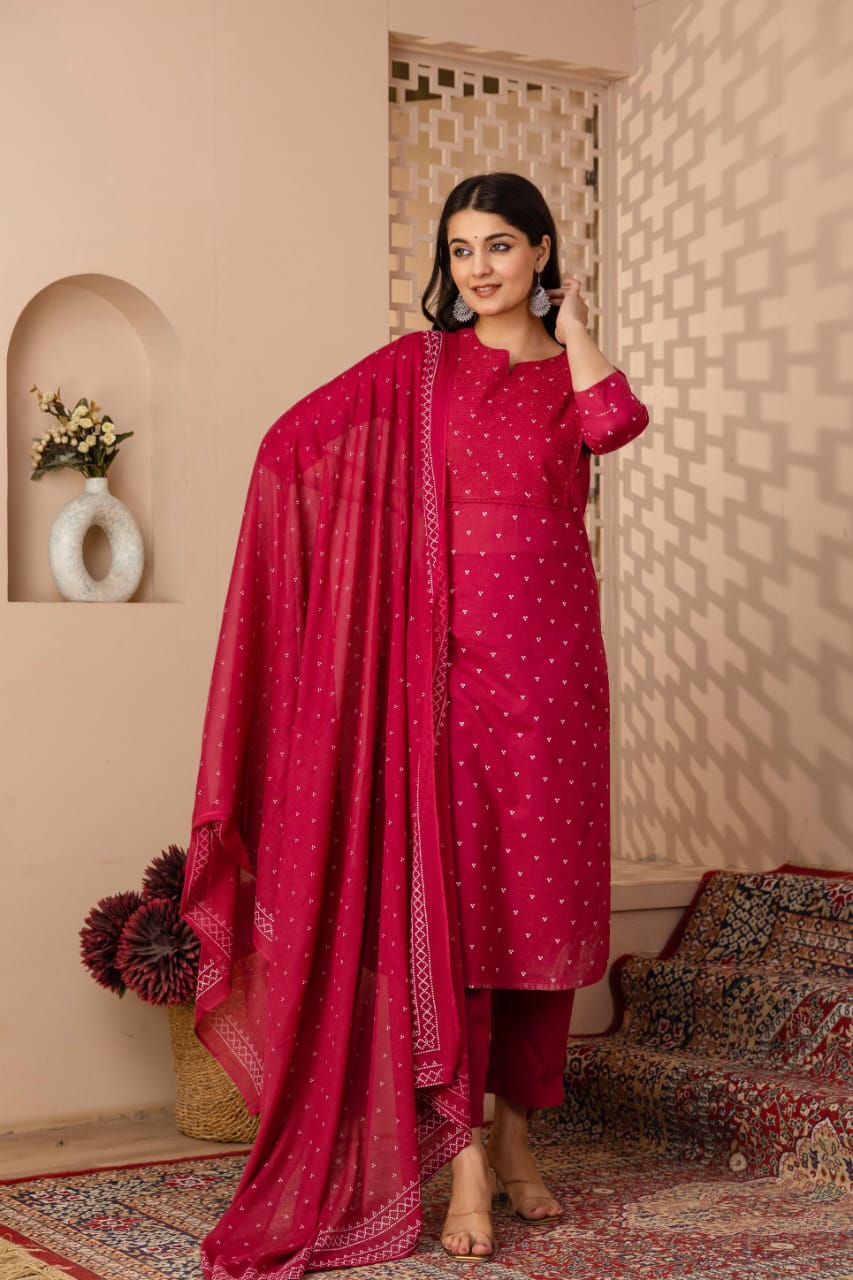 Ruhani Magenta Pure Jaipuri Cotton Embroidered Suit Set