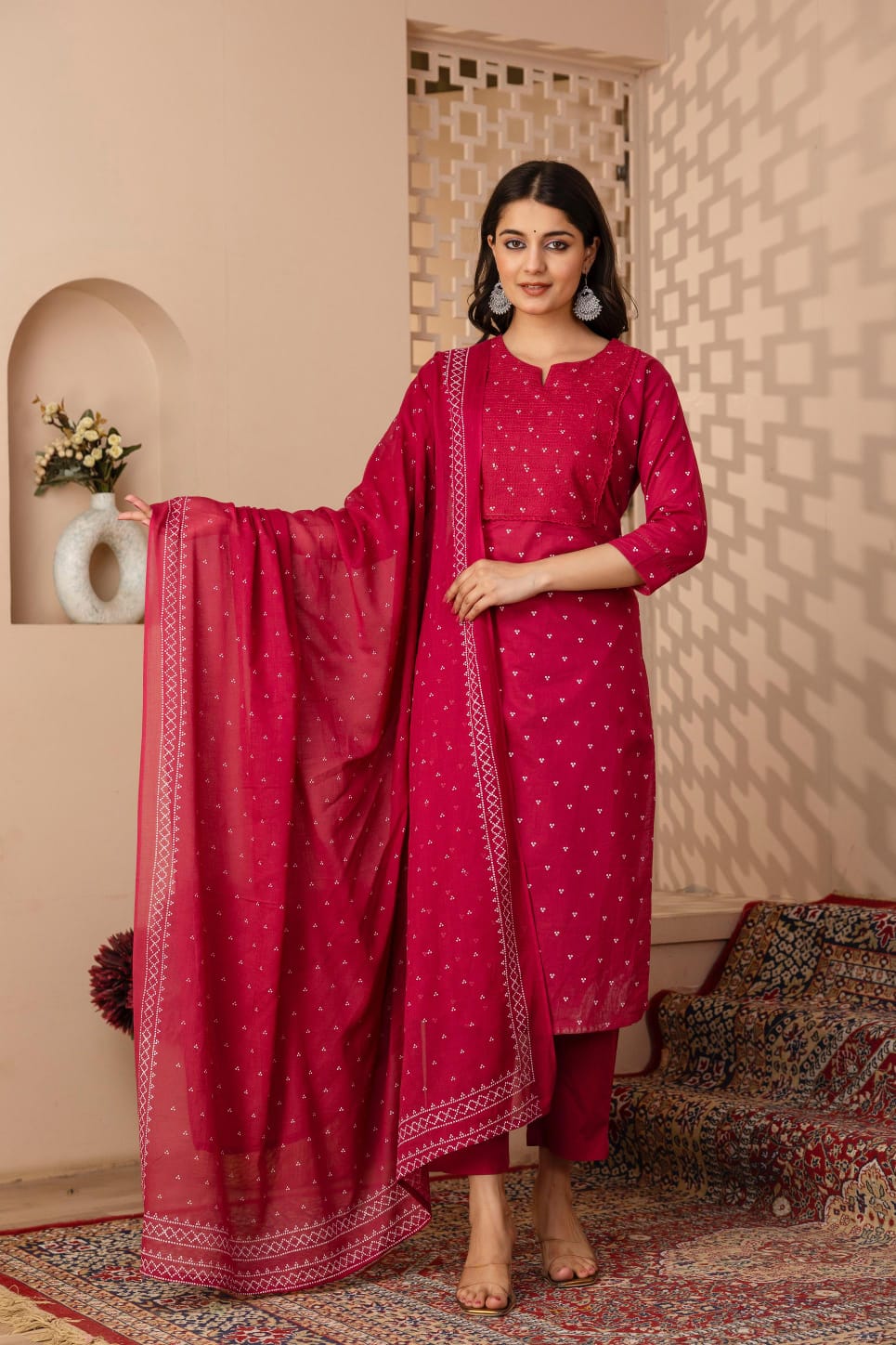 Ruhani Magenta Pure Jaipuri Cotton Embroidered Suit Set