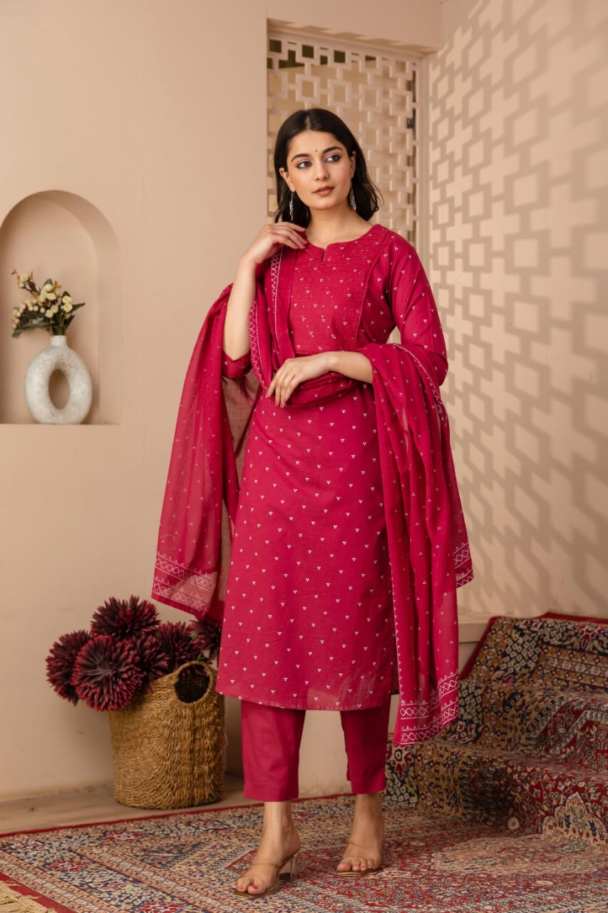 Ruhani Magenta Pure Jaipuri Cotton Embroidered Suit Set