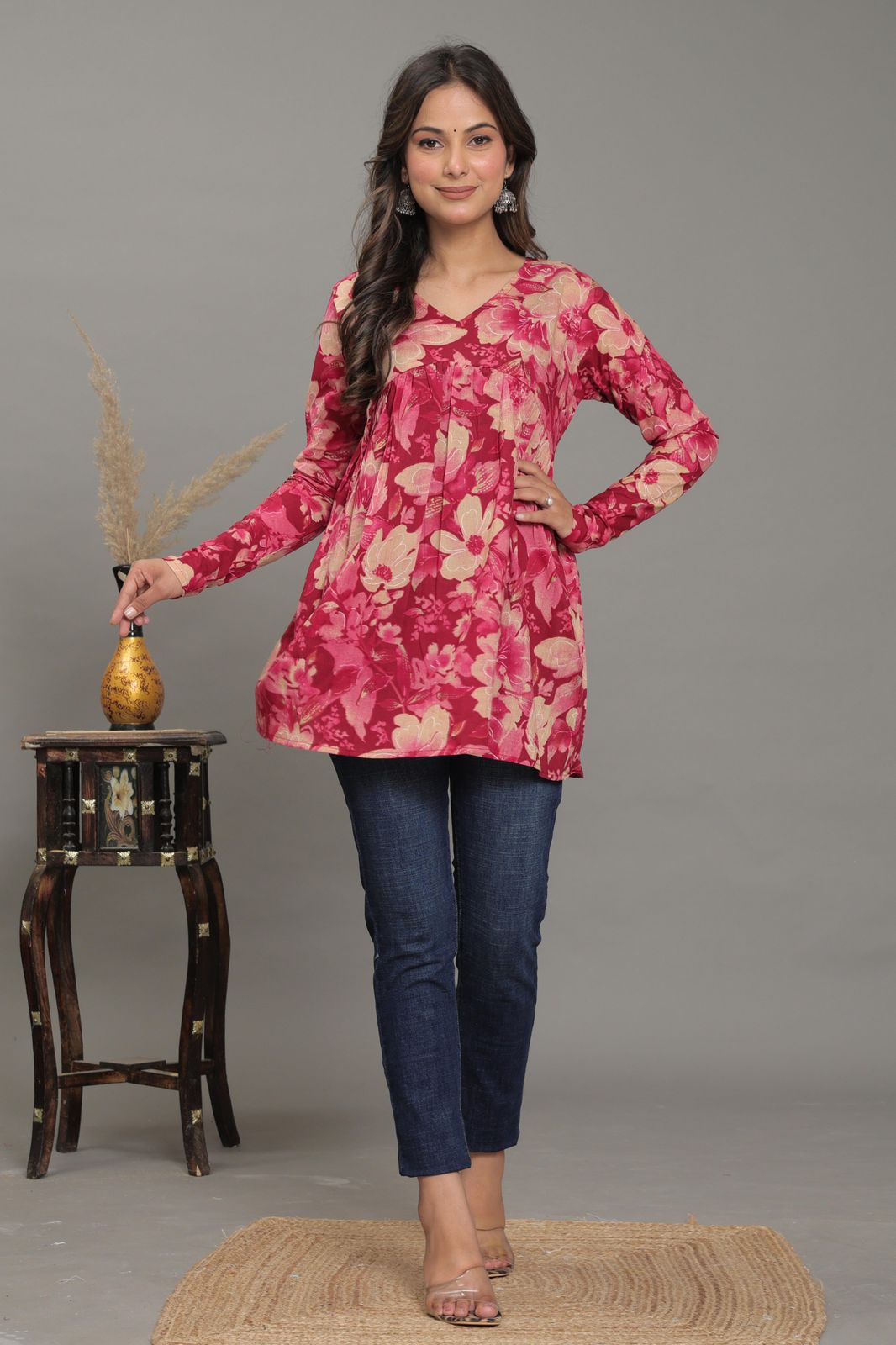 Crimson Blossom Pure Jaipuri Soft Cotton Short Kurti