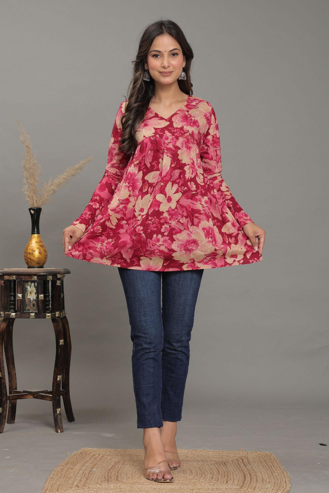 Crimson Blossom Pure Jaipuri Soft Cotton Short Kurti