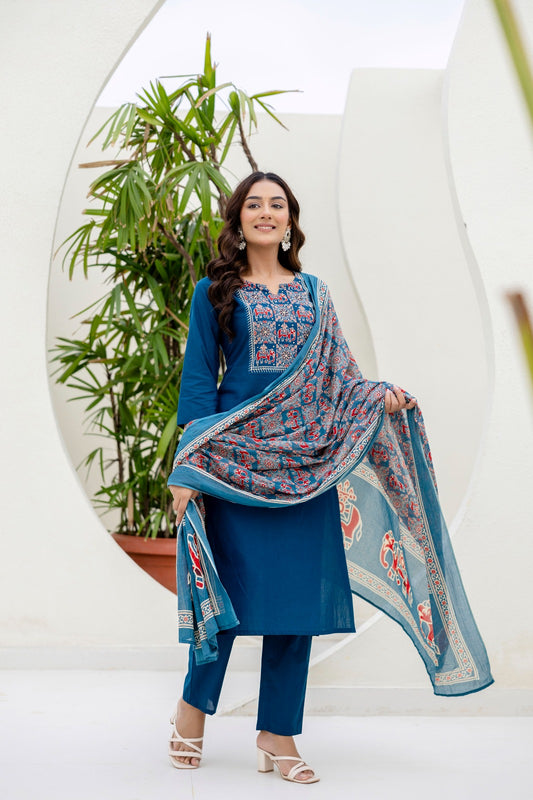 Nayra Blue Pure Jaipuri Soft Cotton Suit Set with Elephant Print Dupatta