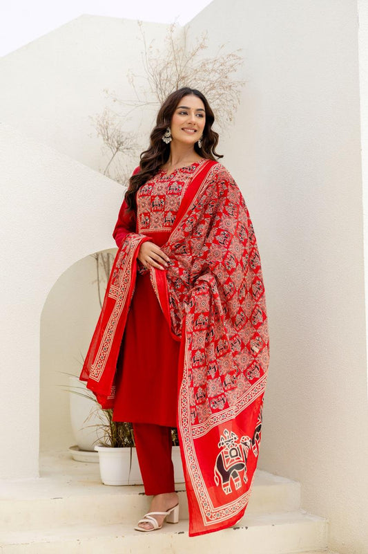 Aarvi Red Pure Jaipuri Soft Cotton Suit Set with Elephant Print Dupatta