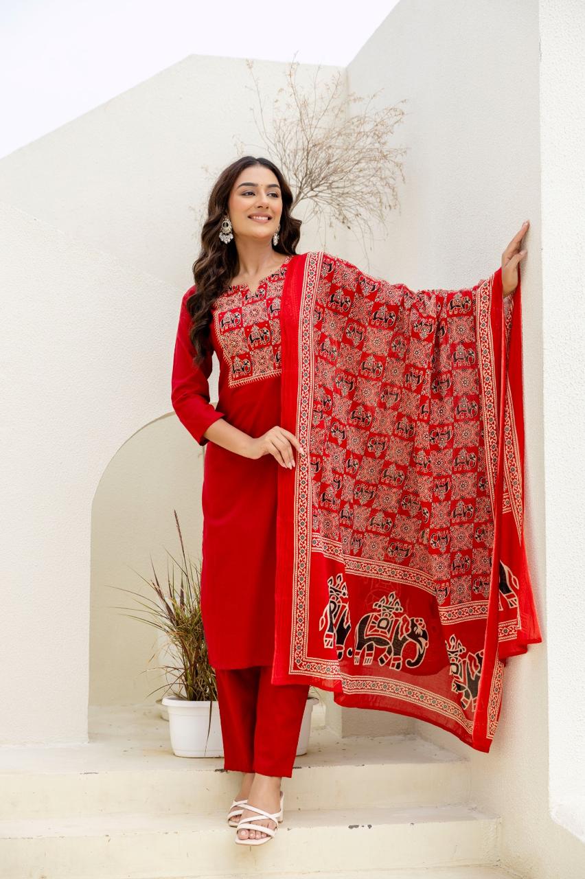 Aarvi Red Pure Jaipuri Soft Cotton Suit Set with Elephant Print Dupatta