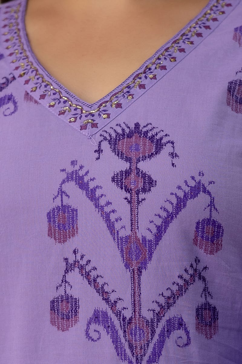 Noorvi Lavender Pure Jaipuri Cotton Suit Set with Floral Print Dupatta