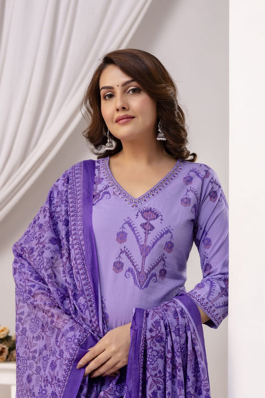 Noorvi Lavender Pure Jaipuri Cotton Suit Set with Floral Print Dupatta