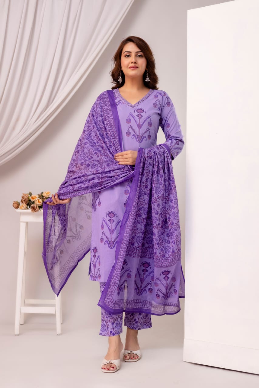 Noorvi Lavender Pure Jaipuri Cotton Suit Set with Floral Print Dupatta
