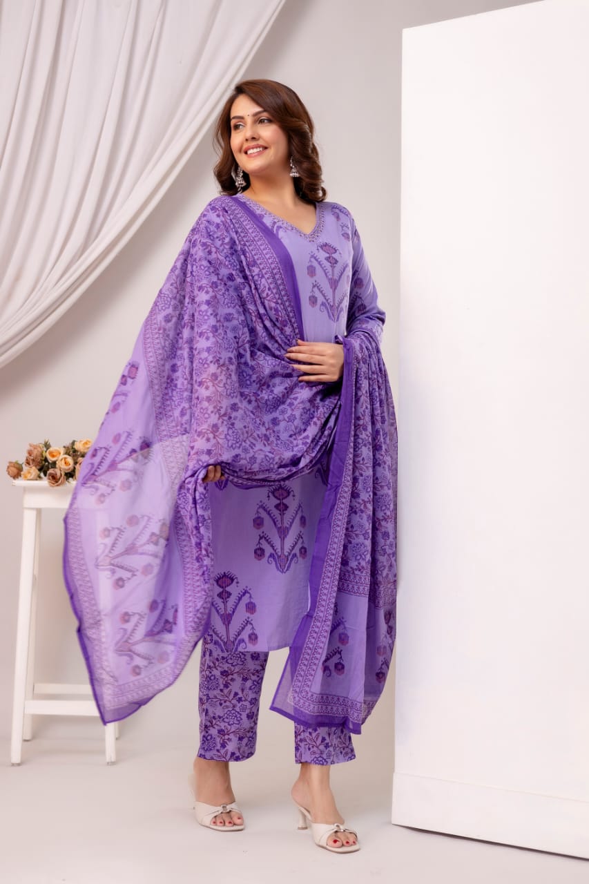 Noorvi Lavender Pure Jaipuri Cotton Suit Set with Floral Print Dupatta