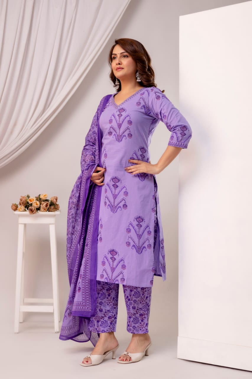 Noorvi Lavender Pure Jaipuri Cotton Suit Set with Floral Print Dupatta