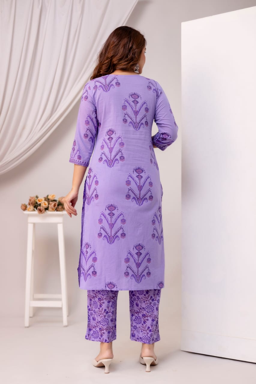 Noorvi Lavender Pure Jaipuri Cotton Suit Set with Floral Print Dupatta