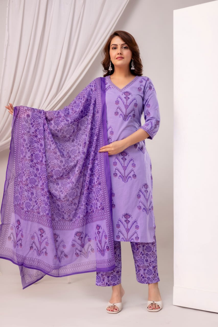 Noorvi Lavender Pure Jaipuri Cotton Suit Set with Floral Print Dupatta
