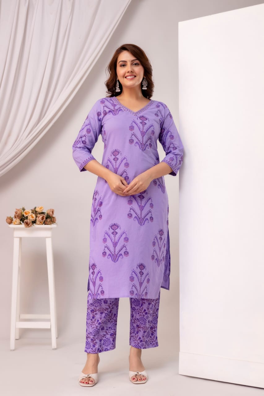 Noorvi Lavender Pure Jaipuri Cotton Suit Set with Floral Print Dupatta