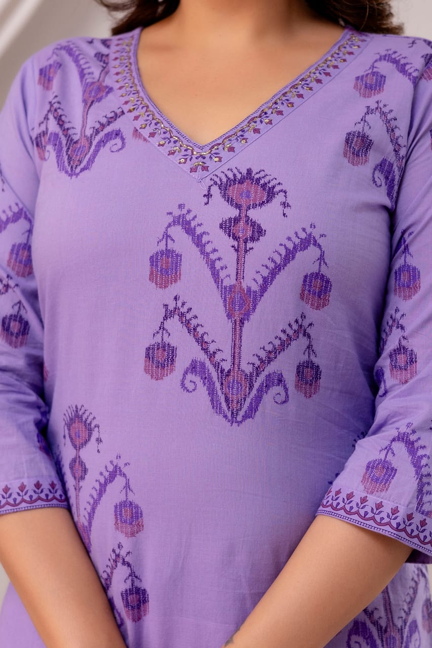 Noorvi Lavender Pure Jaipuri Cotton Suit Set with Floral Print Dupatta