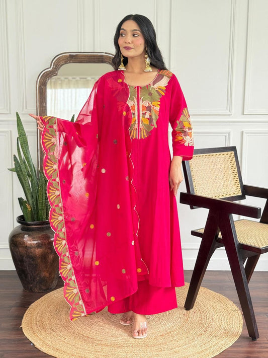 Zyra Fuchsia Pure Roman Silk Suit Set with Cotton Lining & Embroidered Dupatta