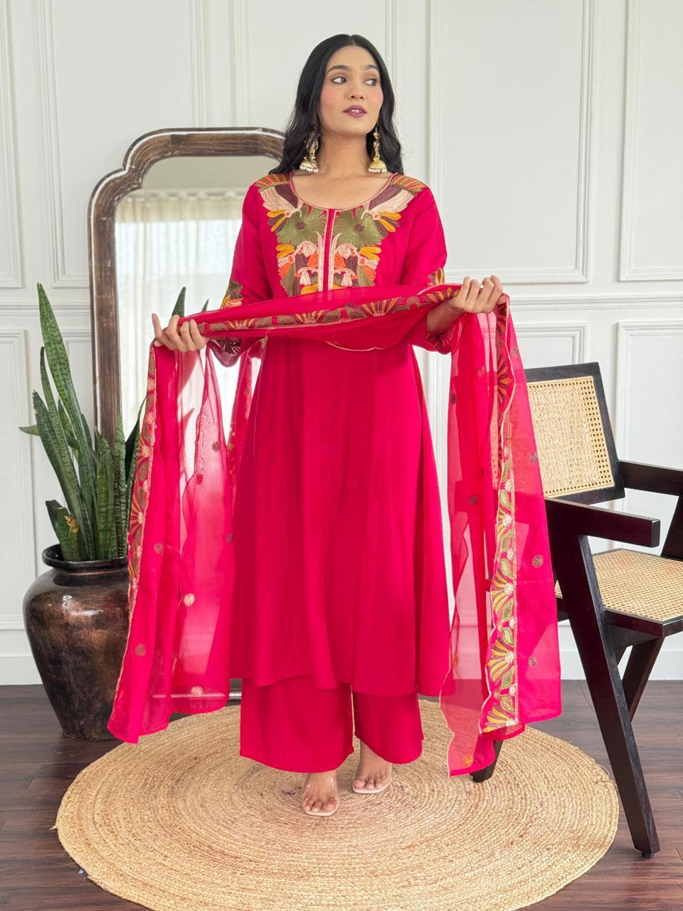 Zyra Fuchsia Pure Roman Silk Suit Set with Cotton Lining & Embroidered Dupatta