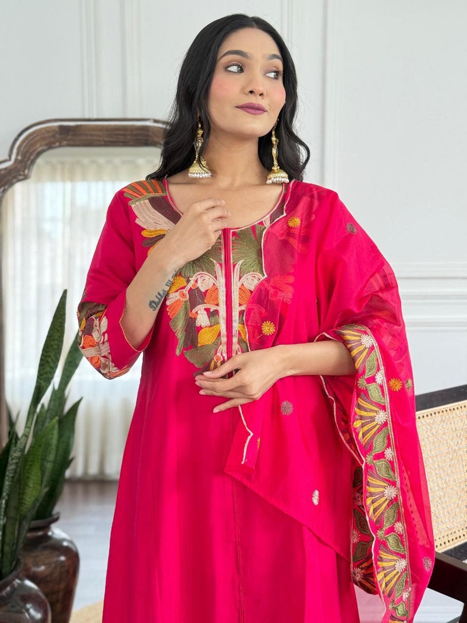 Zyra Fuchsia Pure Roman Silk Suit Set with Cotton Lining & Embroidered Dupatta