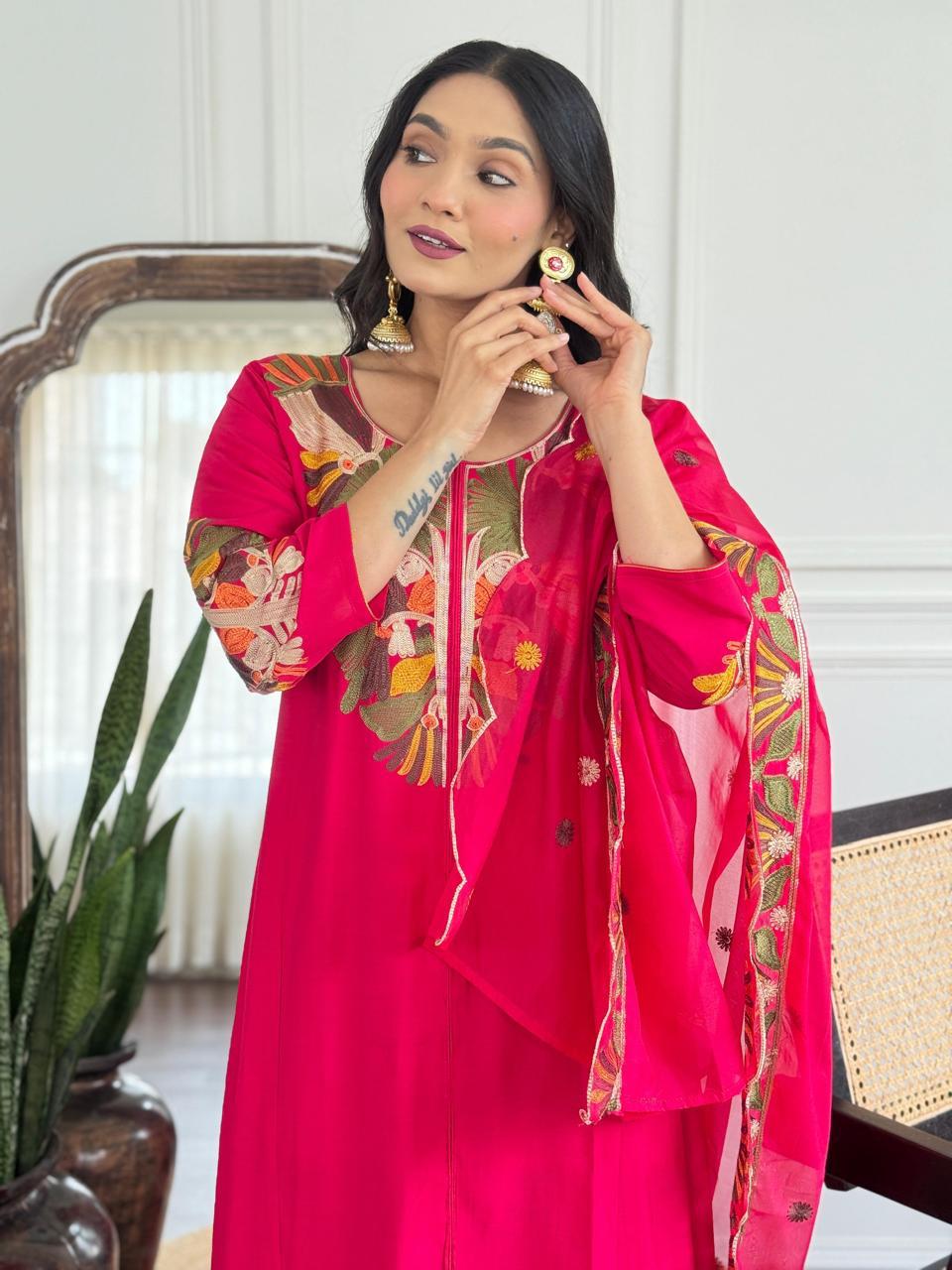 Zyra Fuchsia Pure Roman Silk Suit Set with Cotton Lining & Embroidered Dupatta