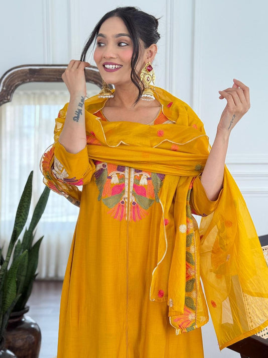 Noor Mustard Pure Roman Silk Suit Set with Cotton Lining & Embroidered Dupatta