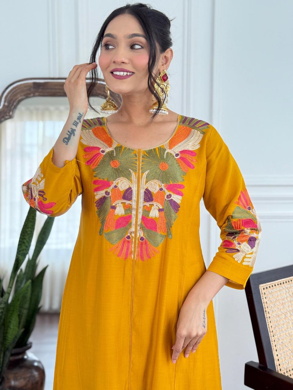 Noor Mustard Pure Roman Silk Suit Set with Cotton Lining & Embroidered Dupatta