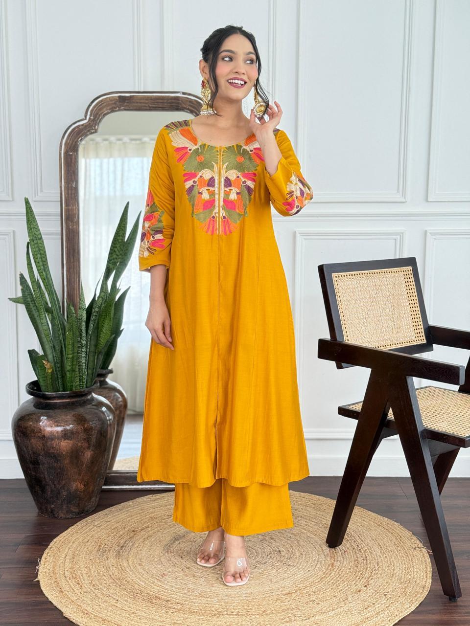 Noor Mustard Pure Roman Silk Suit Set with Cotton Lining & Embroidered Dupatta