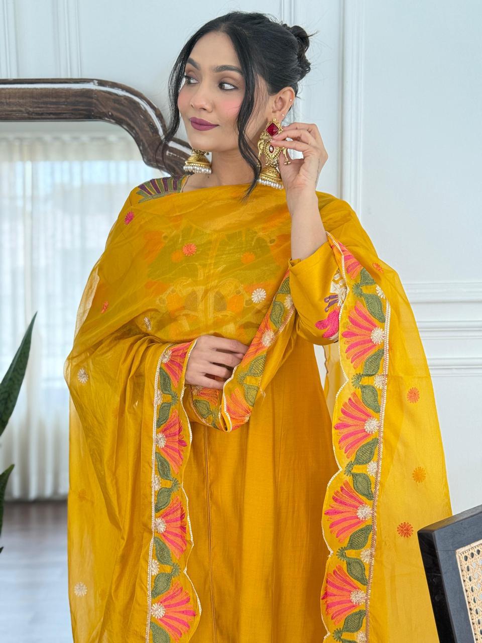 Noor Mustard Pure Roman Silk Suit Set with Cotton Lining & Embroidered Dupatta